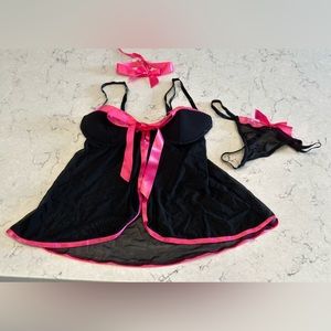 NWOT Black Babydoll with hot pink trim, matching underwear and bow collar